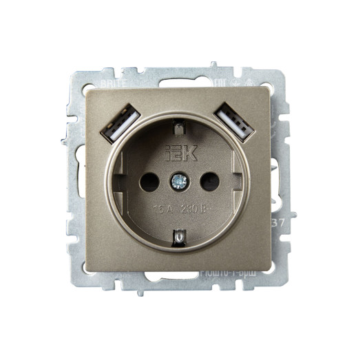 BRITE Роз. с з/к/ш 16А с USB A+A 2,1А РЮш10-1-БрШ шамп. IEK