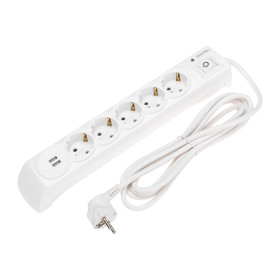 KRANZ Фильтр сетевой 5 гнезд, 3м, 3х1,5мм², с автовыкл, 2 USB, белый
