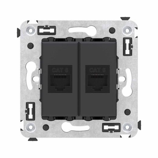 Компьютерная розетка RJ-45 без шторки в стену, кат.6 двойная, Avanti, черный матовый