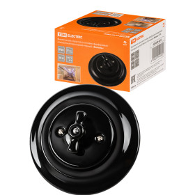 TDM Выключатель скрытой установки фарфоровый поворотный проходной с ручкой (бантик) 10А черный «Болонь»