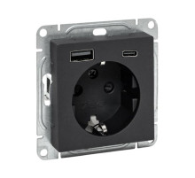 EKF Эпика Механизм розетки с USB-A+С - 2шт, 16А, с заземлением, со шторками, чёрный.