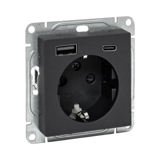 Механизм розетки с USB-A+С - 2шт, 16А, с заземлением, со шторками, чёрный Эпика EKF