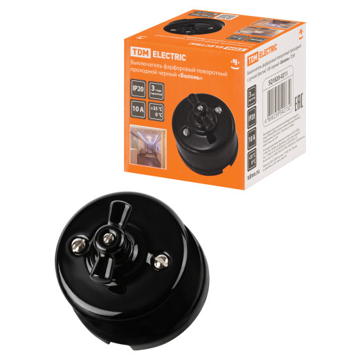 Выключатель фарфоровый поворотный проходной с ручкой (бантик) 10А черный «Болонь» TDM