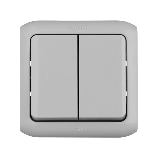 Выключатель двухклавишный - Legrand Quteo - IP44 10А 250В винтовые зажимы накладной монтаж - серый