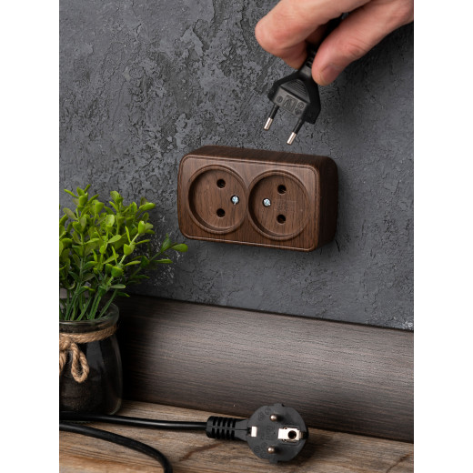 Розетка 2-местная ОП Минск 10А без заземления тёмное дерево EKF