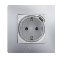 Legrand Etika Алюминий  Розетка с/з со шт. 16А 250В с USB тип C 1500мА 7,5Вт безвинтовые зажимы.
