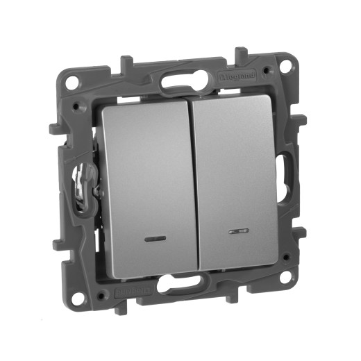 Переключатель двухклавишный с подсветкой/индикацией - Legrand Etika - 10А 250В безвинтовые зажимы - алюминий