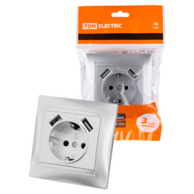 TDM Розетка 2П+З 16А 250В + 2 USB порта 2,1А 5В металлик 