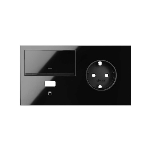Simon 100 Черный глянец Кит 2 поста, фронт. Накладка на 1 розетку Schuko (справа) + 1 з/у USB SC + 1 клавиша светорегулятора