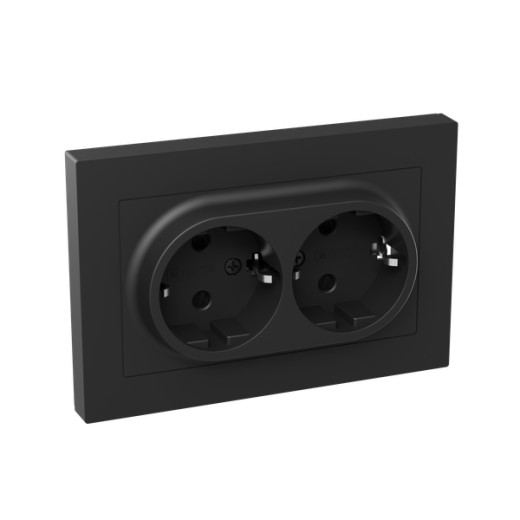 Механизм розетки двойной, 16А, с заземлением, со шторками, с рамкой, чёрный Эпика EKF