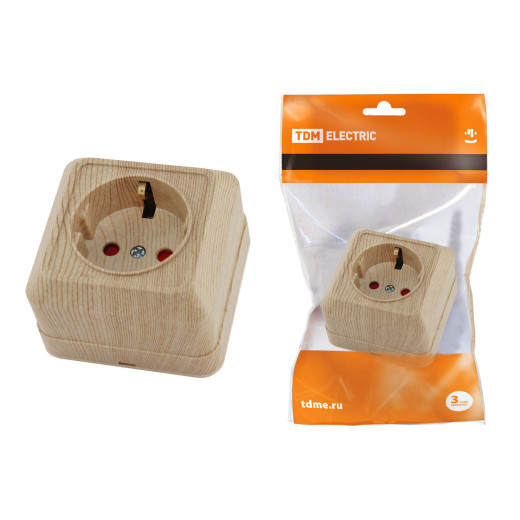 Розетка 2П+З открытой установки с з/ш IP20 16А, сосна 