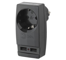 ЭРА Разветвитель электрический SP-1e-USB-B на 1 розетку + 2 USB с заземлением 16А черный