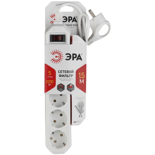 Сетевой фильтр ЭРА  USF-5es-1.5m-W с базовой защитой с заземлением с выключателем 5 розеток 1,5м 10А белый