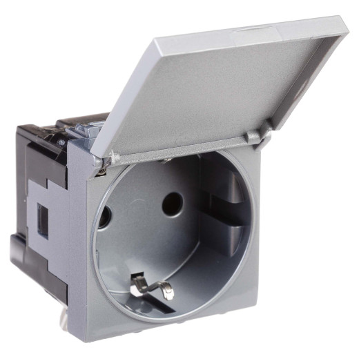 Розетка с крышкой модульная, 2P+E, с з/ш, Avanti, закаленная сталь, 2 модуля