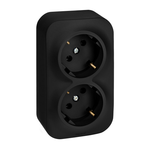 Розеточный блок двойной с заземлением - Legrand Quteo - с предварительным подключением без шторок IP20 16А 250В винтовые зажимы накладной монтаж - чёрный матовый