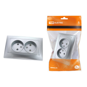 TDM Розетка двойная 2П 10А 250В с защ. шт. серебр. металлик 