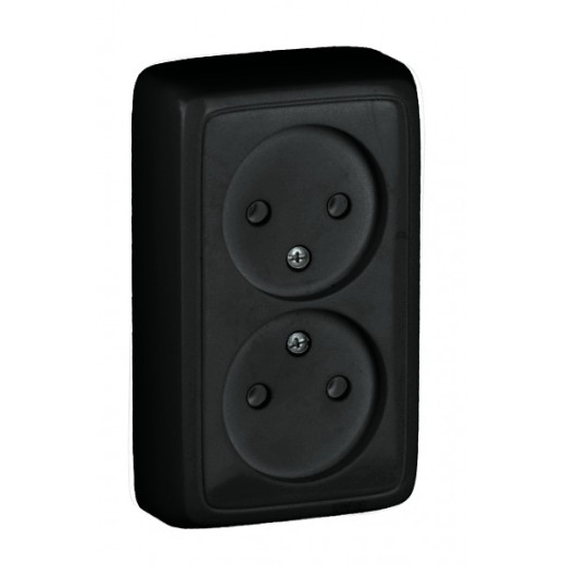 РА16-143-08 Розетка открытой установки, двухместная, с изолирующей пластиной, цвет черный