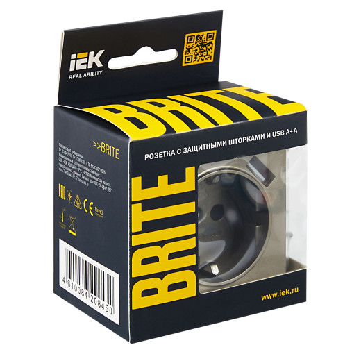 BRITE Роз. с з/к/ш 16А с USB A+A 2,1А РЮш10-1-БрШ шамп. IEK