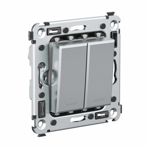 Выключатель двухклавишный в стену, Avanti, закаленная сталь