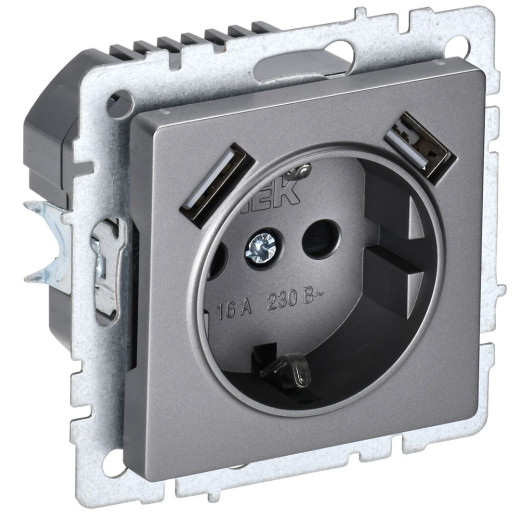 BRITE Роз. с з/к/ш 16А с USB A+A 3,1А РЮш10-2-БрС сталь IEK