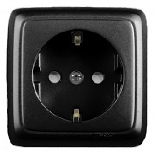 РА16-114-08 Розетка открытой установки, одноместная, с заземляющим контактом, со шторкой, с изолирующй пластиной, цвет черный