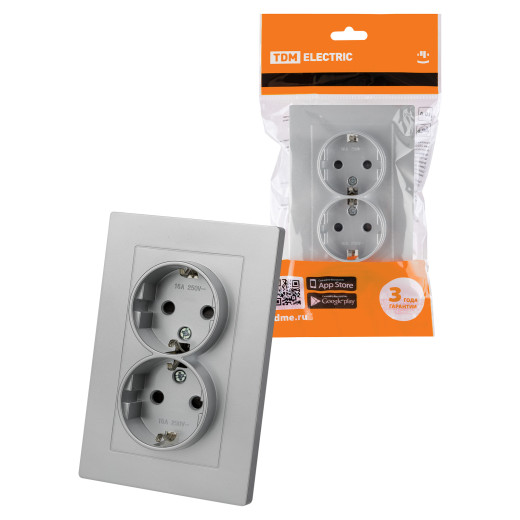 Розетка двойная 2П+З 16А 250В с защ. шт. серебр. металлик 