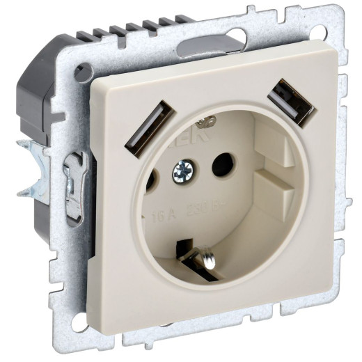 BRITE Роз. с з/к/ш 16А с USB A+A 2,1А РЮш10-1-БрКр беж. IEK