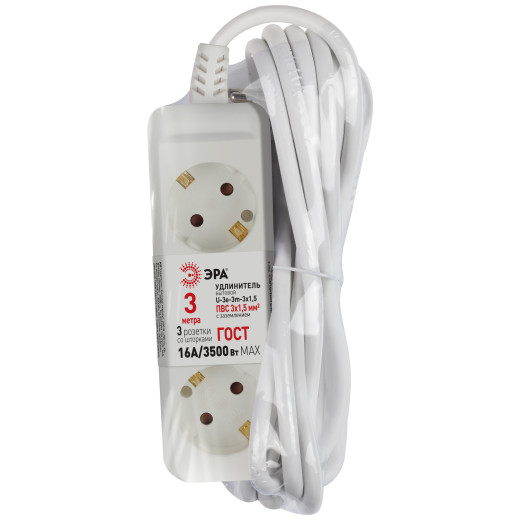 Удлинитель электрический ЭРА U-3e-3m-3x1,5 с заземлением 3 розетки 3м ПВС 3x1,5мм2 16А