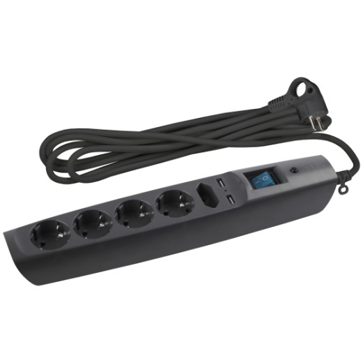 Сетевой фильтр ЭРА  SFU-5es-2m-B с надежной защитой с заземлением с выключателем 5 розеток 2м 2xUSB 10А черный