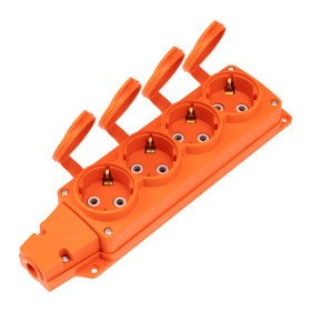 REXANT Розетка (колодка) влагозащищенная с крышкой 4 гнезда COMPACT, с/з, 16А, IP54, каучук, оранжевая.