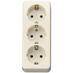 JUNG Штепсельная розетка SCHUKO 16А / 250В, тройная накладного монтажа, с монтажной платой, с зажимом для фиксации кабеля термопласт  слоновая кость A