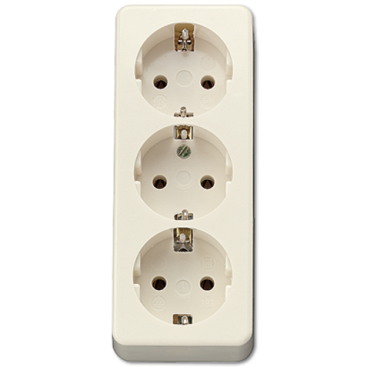 Штепсельная розетка SCHUKO 16А / 250В, тройная накладного монтажа, с монтажной платой, с зажимом для фиксации кабеля, термопласт,  слоновая кость, AP600