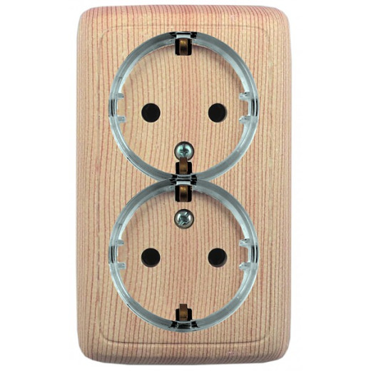 РА16-182-02 Розетка открытой установки, двухместная, с заземляющим контактом, со шторками, цвет сосна