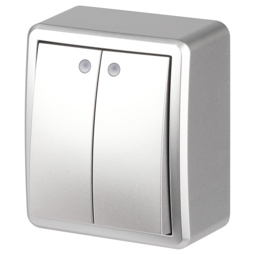 Выключатель ЭРА Эксперт 11-1205-03 двойной с подсветкой IP20 10АХ-250В ОУ алюминий