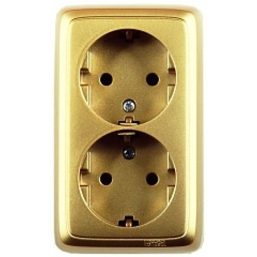 РА16-153-07 Розетка открытой установки, двухместная, с заземляющим контактом, с изолирующей пластиной, цвет золото