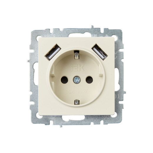 BRITE Роз. с з/к/ш 16А с USB A+A 2,1А РЮш10-1-БрКр беж. IEK