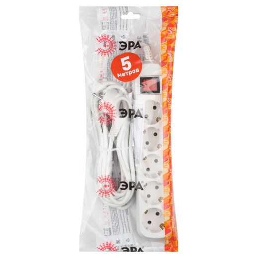 Удлинитель электрический ЭРА  UX-5es-5m с заземлением с выключателем 5 розеток 5 м ПВС 3x0,75мм2 10А