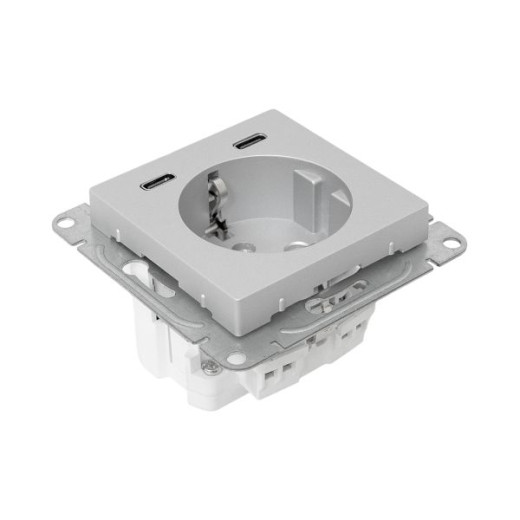 Механизм розетки с USB-C - 2шт, 16А, с заземлением, со шторками, алюминий Эпика EKF