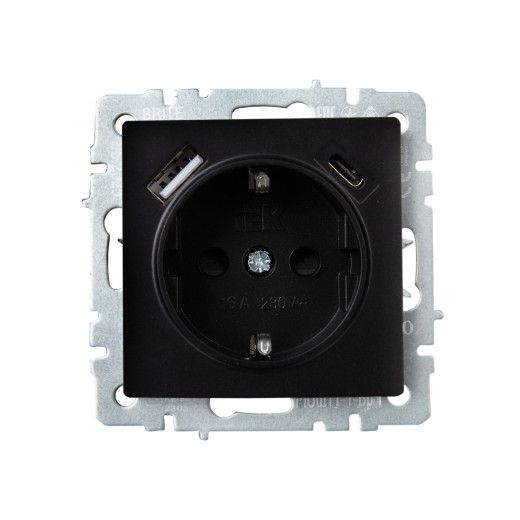 BRITE Роз. с з/к/ш 16А с USB A+C 18Вт РЮш11-1-БрЧ черн. IEK