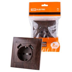 TDM Розетка 2П+З 16А 250В + 2 USB порта 2,1А 5В венге 