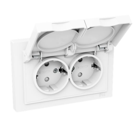 Механизм розетки двойной, 16А, IP44, с заземлением, со шторками, с рамкой, с крышками, белый Эпика EKF