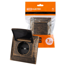 TDM Розетка 2П+З 16А 250В IP44 с защ. шт. с крышкой старинная бронза 
