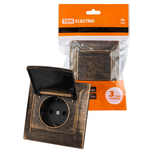 Розетка 2П+З 16А 250В IP44 с защ. шт. с крышкой старинная бронза 