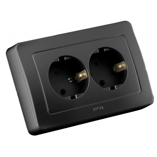 РС16-351-08 Розетка скрытой установки, двухместная, с заземляющим контактом, цвет черный