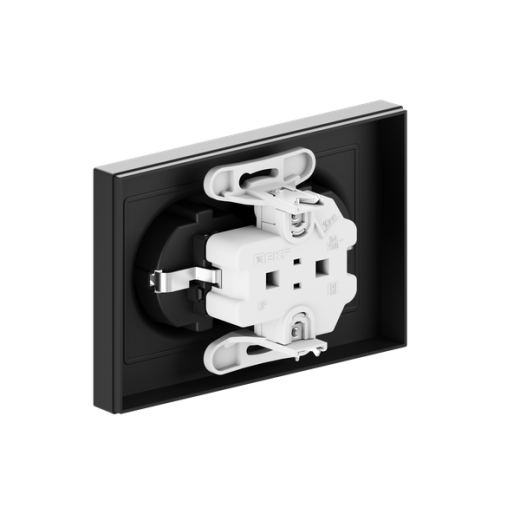 Механизм розетки двойной, 16А, с заземлением, со шторками, с рамкой, чёрный Эпика EKF
