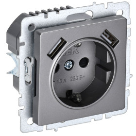 IEK BRITE BASE Сталь Розетка с з/к/ш 16А с USB A+A 2,1А РЮш10-1-БрС