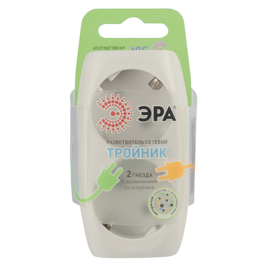 Разветвитель электрический ЭРА SP-2e-I на 2 розетки с заземлением со шторками 16А слоновая кость