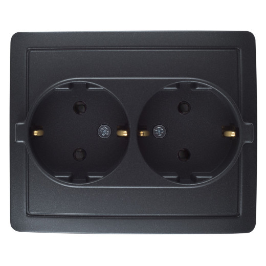 Розетка двойная с заземлением 2х2Р+Е, с защитными шторками,винт.зажим,16А, 250В,графит