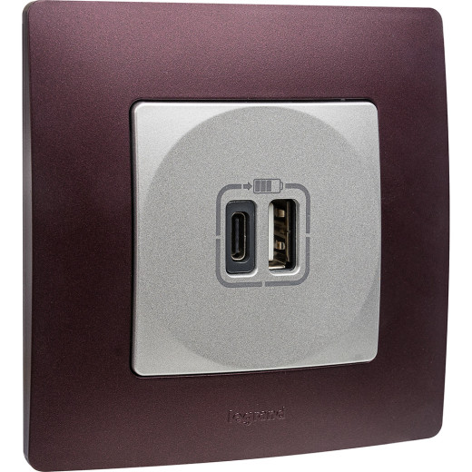 Зарядное устройство USB тип А / тип С - Legrand Etika - 3000мА 15Вт - алюминий