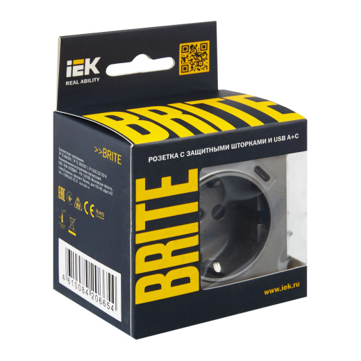 BRITE Роз. с з/к/ш 16А с USB A+C 18Вт РЮш11-1-БрС сталь IEK